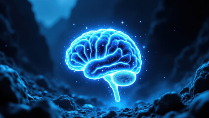 Fototapeta premium A glowing blue human brain floating against a dark space background with a hint of the cosmos.