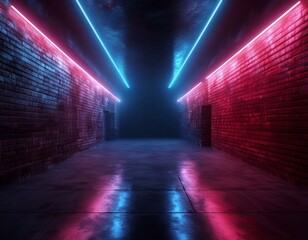 Neon Retro Tunnel Corridor Brick And Concrete Tunnel Hallway Basement Club Laser Beams Fluorescent Purple Blue Lights Night Cyber Virtual Hangar Showroom 3D Rendering