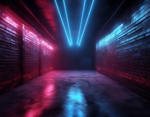 Neon Retro Tunnel Corridor Brick And Concrete Tunnel Hallway Basement Club Laser Beams Fluorescent Purple Blue Lights Night Cyber Virtual Hangar Showroom 3D Rendering
