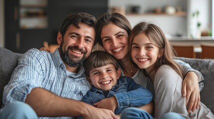 A happy family of four is gathered on a comfortable sofa, sharing laughter and warm smiles. The cozy living room setting reflects a sunny afternoon filled with love and togetherness