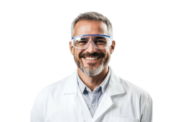 Smiling man in lab coat with safety goggles isolated on white or transparent, PNG