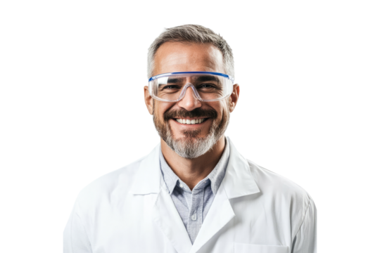 Smiling man in lab coat with safety goggles isolated on white or transparent, PNG