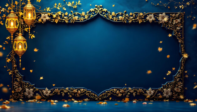 A beautifully designed Ramadan Kareem invitation card with a dark green background, glowing golden lanterns, and symmetrical floral motifs. The central blank space allows for inserting quotes, prayers