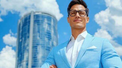 Fototapeta premium A man in a light blue patterned blazer, arms crossed, smiles confidently in front of a modern glass skyscraper. Outdoors, bright sunlight and partly