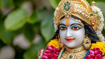 Close up portrait of a painted statue of a Hindu deity, likely Krishna, featuring a detailed headdress with gold and jewel tones, vibrant pink floral