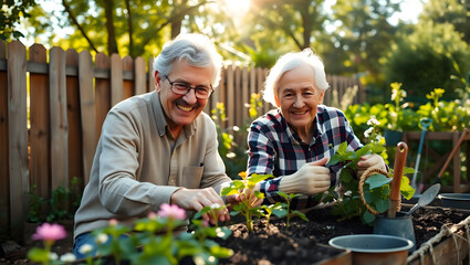 Senior Couple Gardening: A joyful, mature couple  happily works together in their lush backyard garden, their smiles reflecting their shared love for gardening and each other.