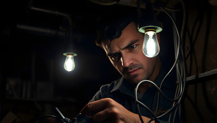 Intense Focus: A man intensely focused on his work, surrounded by exposed wiring and dim lighting, creates a dramatic and atmospheric image.