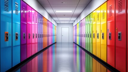 Gradient-colored lockers in a reflective hallway
