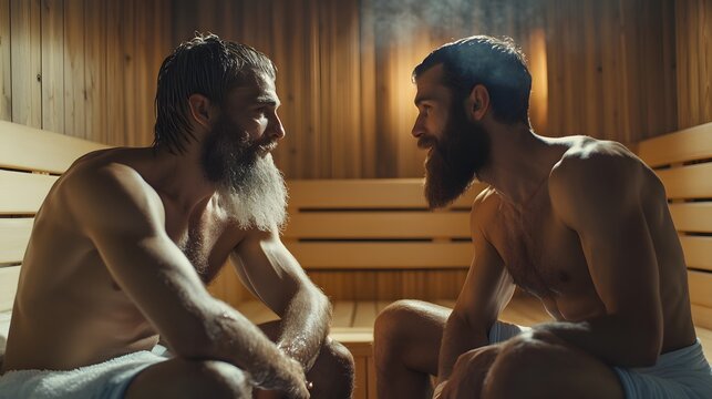 Two bearded men relaxing and conversing in a steamy wooden sauna, enjoying the heat and friendship.