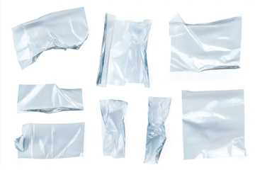 Set of wrinkled clear blue tape pieces isolated on transparent white background, design elements