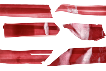 Set of glossy crimson tape with micro-scratches and adhesive streaks isolated on transparent white background, design elements