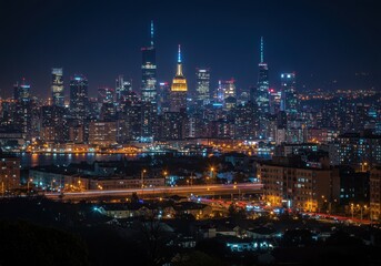 Naklejka premium Stunning Nighttime Skyline of a Vibrant City with Illuminated Skyscrapers and Flowing Traffic Lights, Ideal for Urban and Architecture Themes