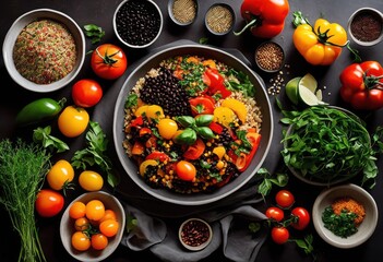 vibrant flat lay colorful plant based meal preparation fresh natural ingredients inviting arrangement, veggies, bowls, kitchen, herbs, spices, legumes, rice