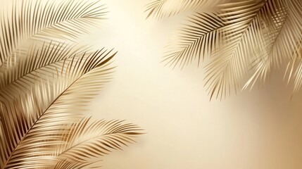 Fototapeta premium Golden palm leaves, beige background, tropical design, website banner
