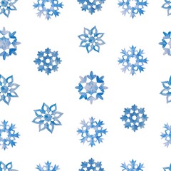 Blue snowflakes seamless pattern, rapport. Hand drawn watercolor illustration isolated on white. For cards, wrapping paper, fabric, textile, wallpaper, covers, invitations, winter Christmas banners.