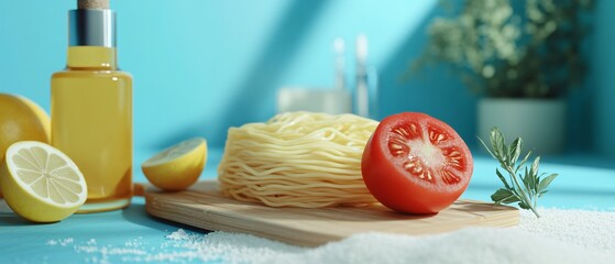 Wooden Board with Fresh Raw Noodles and Red Tomatoes