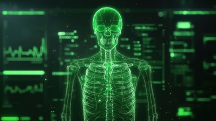 Detailed Digital Rendering of a Human Skeleton with Green Highlights