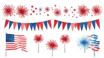 Obraz premium American flag color banners, garlands and fireworks vector collection. Happy Independence Day, 4th July, american holidays design elements isolated on white background