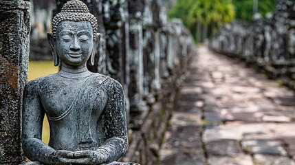 Obraz premium Ancient Buddha Statue in Temple with a stone walkway in perspective view
