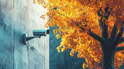 A security camera mounted on a concrete wall overlooks a vibrant autumn tree. The image captures the blend of technology and nature. Ideal for concepts of safety and surveillance. AI