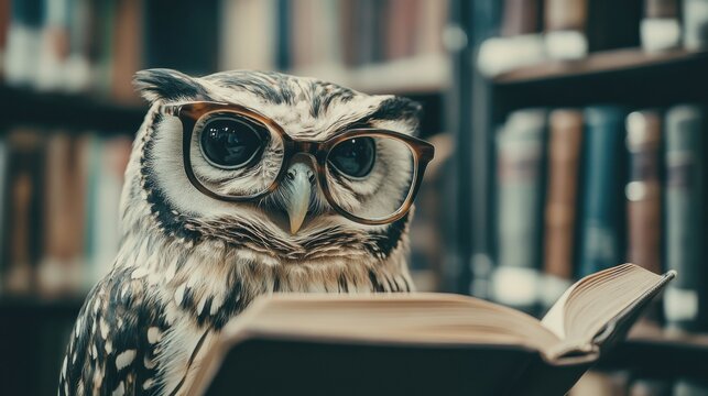 Close-up of a sophisticated anthropomorphic owl in a library. Wearing reading glasses and surrounded by books. Emphasizing wisdom and learning. Ideal for educational and literary themes.