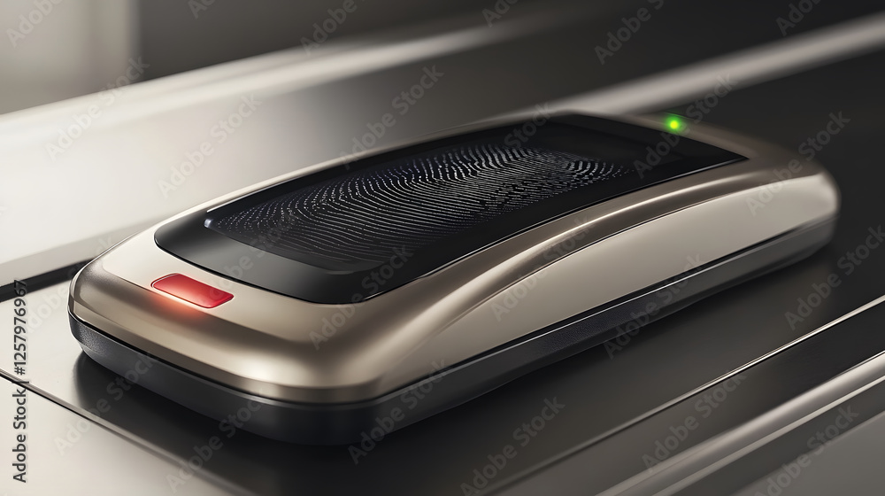 Aufkleber a sleek, modern device with a textured top, featuring a red button and a green light, resting on a m