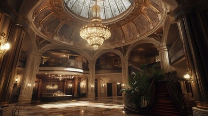 he grandeur of an elegant dome ceiling, with detailed architectural patterns, and a dazzling chandelier hanging beneath, creating a luxurious atmosphere.