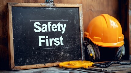 Safety first sign on blackboard with helmet and headphones symbolizes workplace safety.