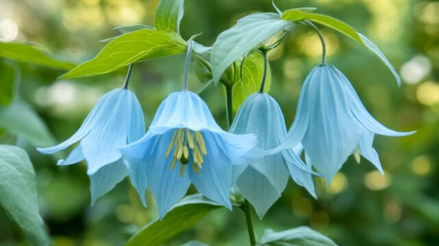 Closeup of delicate light blue bellflower blossoms, soft sunlight highlighting the petals, vibrant green foliage in the background, natural outdoor setting, perfect for nature photography or