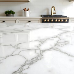 Stone table top and blurred kitchen interior