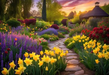 Fototapeta premium stunning garden transformations showcasing vibrant seasonal blooms lush colorful landscapes, flowers, colors, greenery, beauty, nature, flora, petals