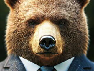 Close-up of an anthropomorphic bear in a formal suit, showcasing reliability and professionalism for corporate settings and financial services. Detailed view of suit and bear.