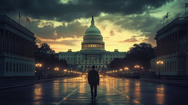 Silhouette of a person facing the u.s. capitol at sunset, symbolizing governance and decision-making.