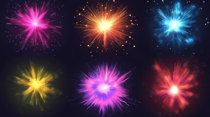 Fototapeta premium Color fireworks. Festive sparkles, carnival salutes. Birthday party and christmas vibrant firecrackers explosion vector set