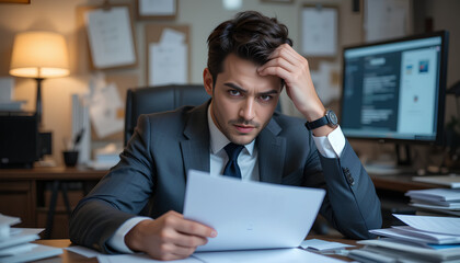 Obraz premium Stressed young businessman in a formal suit, sitting at his office desk with scattered documents, holding his forehead in frustration while dealing with workplace challenges.