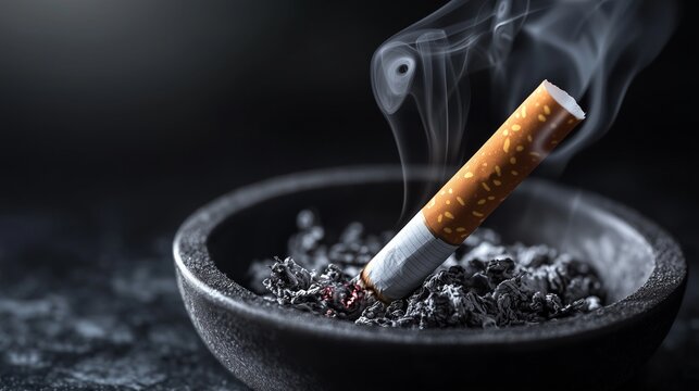 Burning cigarette in ashtray symbolizes smoking cessation challenge.