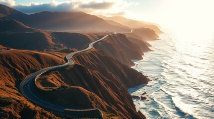 Fototapeta premium Scenic Pacific Coast Highway with winding road and ocean cliffs at sunset