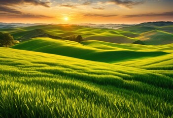 Obraz premium breathtaking vibrant farmland sunrise showcasing bold colors lush green golden clear dazzling light effects, agriculture, crops, fields, flora, fauna
