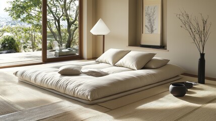 Serene Minimalist Bedroom with Tatami Mat and Linen Futon