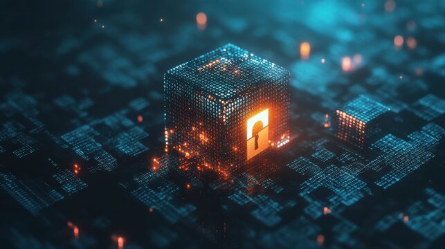 Close-up of a digital lock symbol on a background of binary code, representing security and data protection in technology.