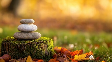 Serene Stacked Stones on Mossy Tree Stump in Autumnal Park Setting