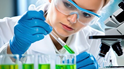 A scientist in a lab coat and safety glasses meticulously transfers a greenish yellow liquid into glass beakers. The lab setting features multiple