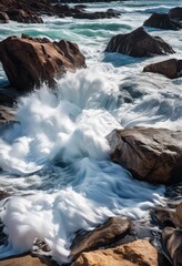 dynamic waves crashing rugged rocky shoreline turbulent foamy white water varied rock textures under bright sky, ocean, sea, beach, splash, surf, movement