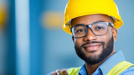 Closeup portrait of a smiling person of color wearing a bright yellow hard hat and safety glasses. He has a beard and is in a light blue and gray