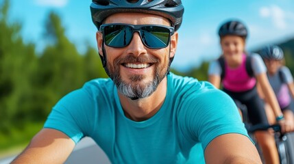 Naklejka premium A man wearing a teal cycling jersey and sunglasses smiles happily while cycling with children on a sunny day. The image shows a shallow depth of