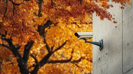 A security camera mounted on a concrete wall overlooks a vibrant autumn tree. The image captures the blend of technology and nature. Ideal for concepts of safety and surveillance. AI