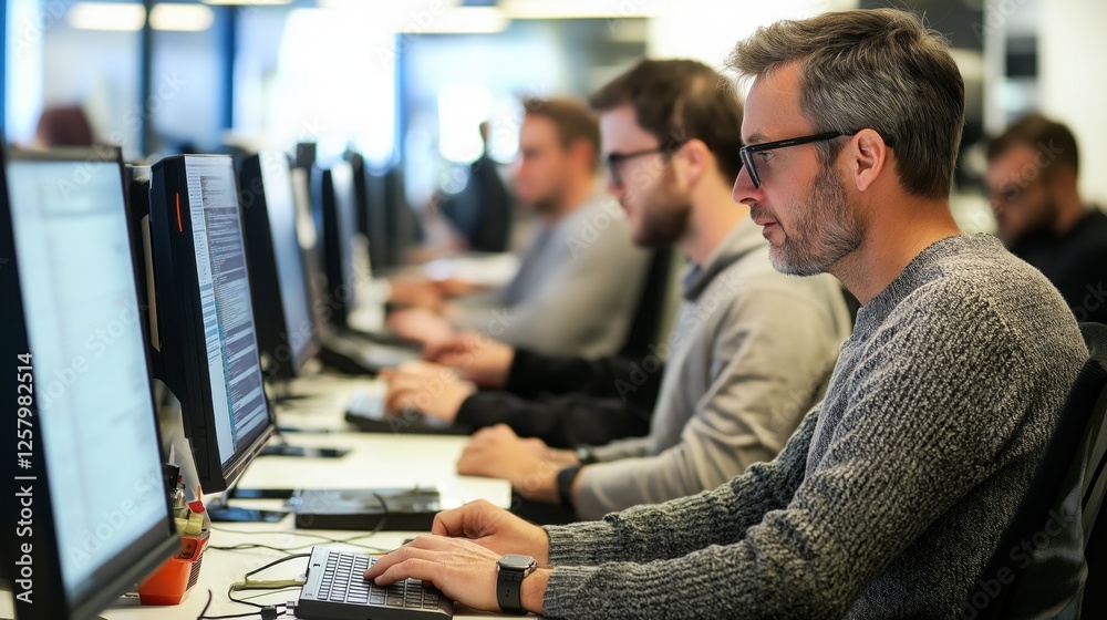 Poster a diverse group of men are engaged in collaborative work at computers in a sleek, modern office. the