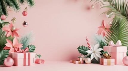 3D rendering of a colorful, pastel pink background with gift boxes and plant decorations, spring equinox.