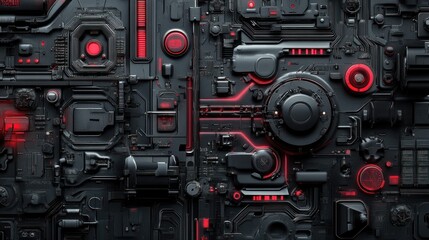 Abstract dark grey metallic panel with red glowing lights and mechanical details.