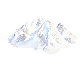 High snowy mountains, ski resort. Hand drawn watercolor landscape illustration isolated on white. For cards, invitations, winter Christmas banners, eco water labels.